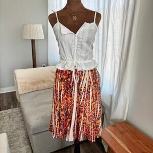 Lapis Pleated Midi Skirt Orange White Burnout Abstract Print Pleated Size Medium